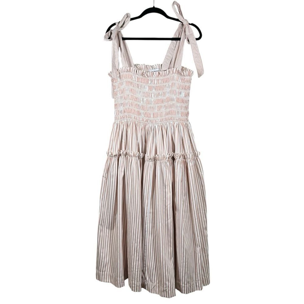 En Saison Ida Smocked Midi Dress Tiered Pink White Stripe Ties Size Large
